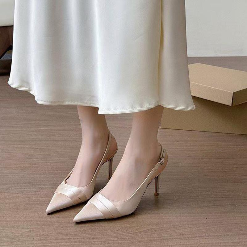 Sandals Women's Satin Temperament Pointed Head Bag Head Thin Heel One-word Buckle Apricot French 2025 New Women with Versatile Sandals