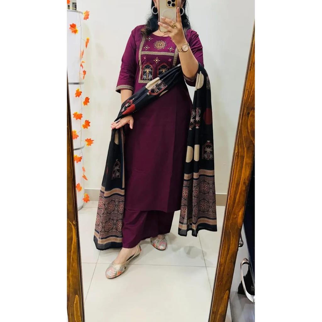 Indian Bollywood Heavy Cotton Kurta Set Women Party Wear Kurti Pant Dupatta Set
