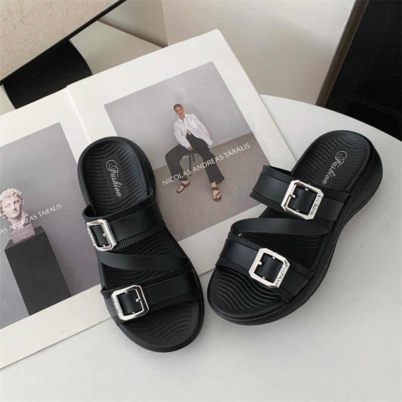 Yuzhihao Women s Thick-Soled Square Buckle Fashion Slides - Summer Outdoor Casual Solid Color Flip-Flops