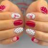 Pack Of 24 French Design Press On Nail Red Bows Design White Color Dots Pattern Artificial Nail Women Decorations