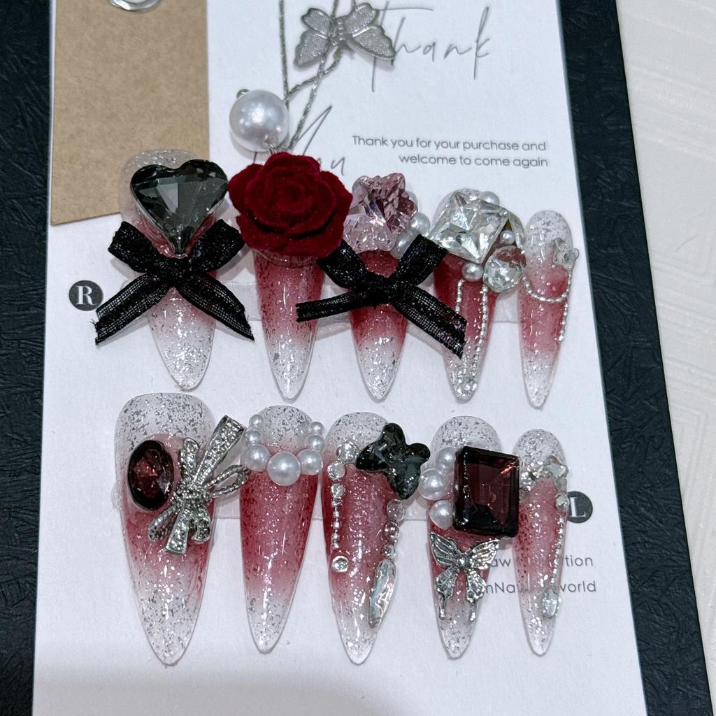 10Pcs Y2K Almond Press On Nails With Glue Handmade Metal Diamond Sweet Cool Full Cover Wearable Manicure Tips