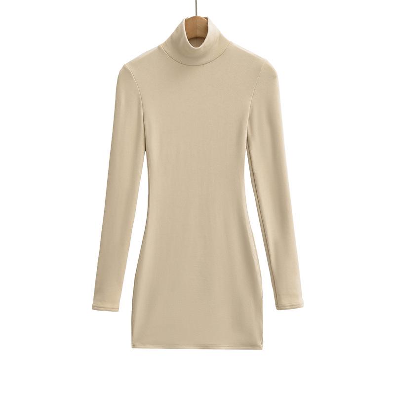 Elegant High-Neck Faux Cashmere Long-Sleeve Dress for Women, Autumn/Winter, Slimming Stretchy Fit, Short Plush Skirt