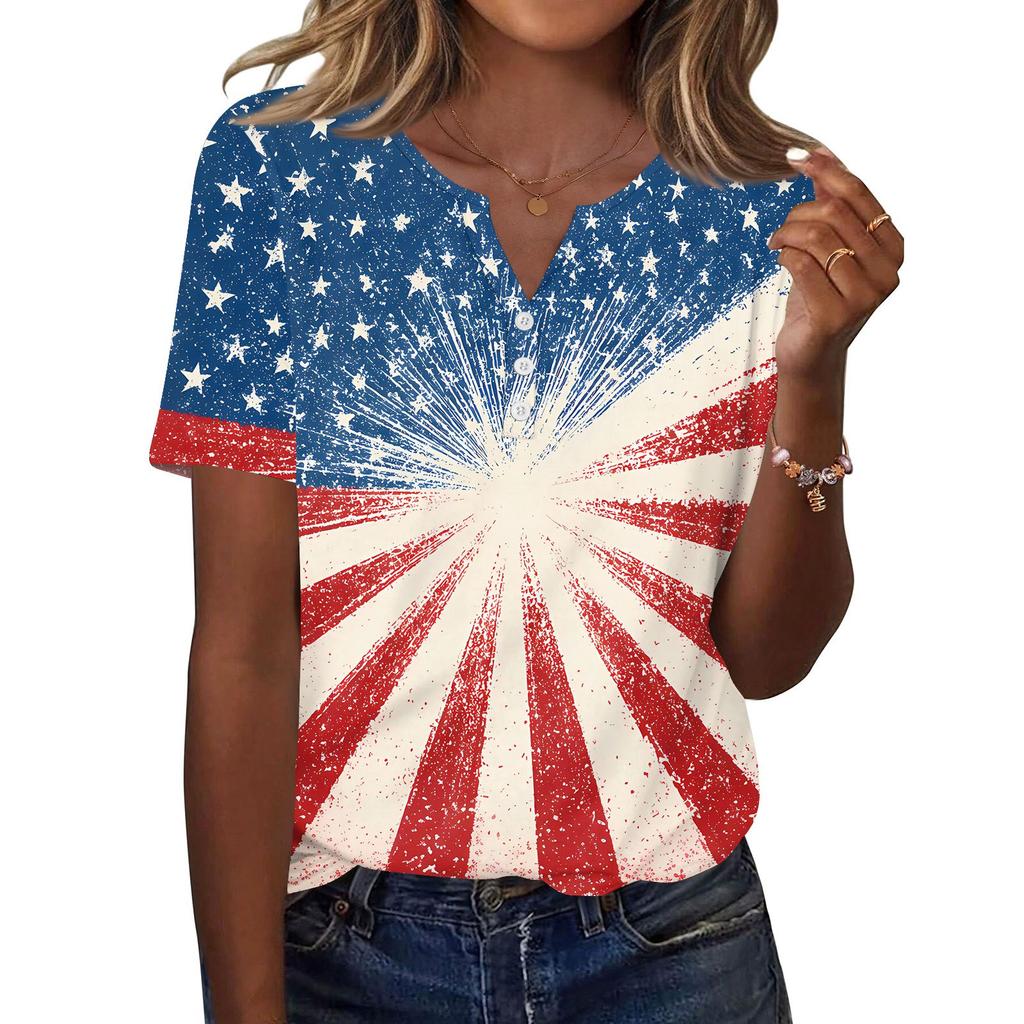 Women's T Shirt Independence Day Print Button Short Sleeve Daily Weekend Fashion Basic V- Neck Regular Top