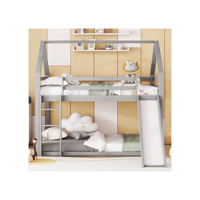 Pat supraetajat - MUVOE - 140x200 cm - Gri - Tobogan - Scară interschimbabilă