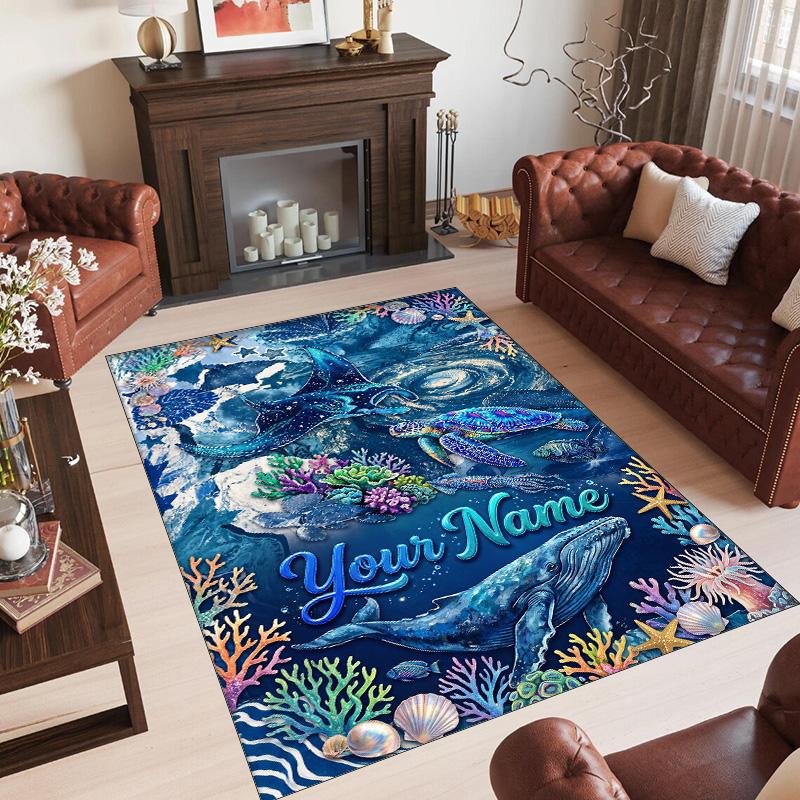 Mermaid Underwater Theme Crystal Velvet Rug Personalized Custom Name Text Soft Floor Mat Home Decor