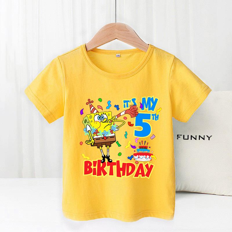 SpongeBobs Children Birthday Clothes Boy Girl Number Cotton T Shirt Short Sleeve Kids Clothes Cartoon Summer Toddler Tee Tops