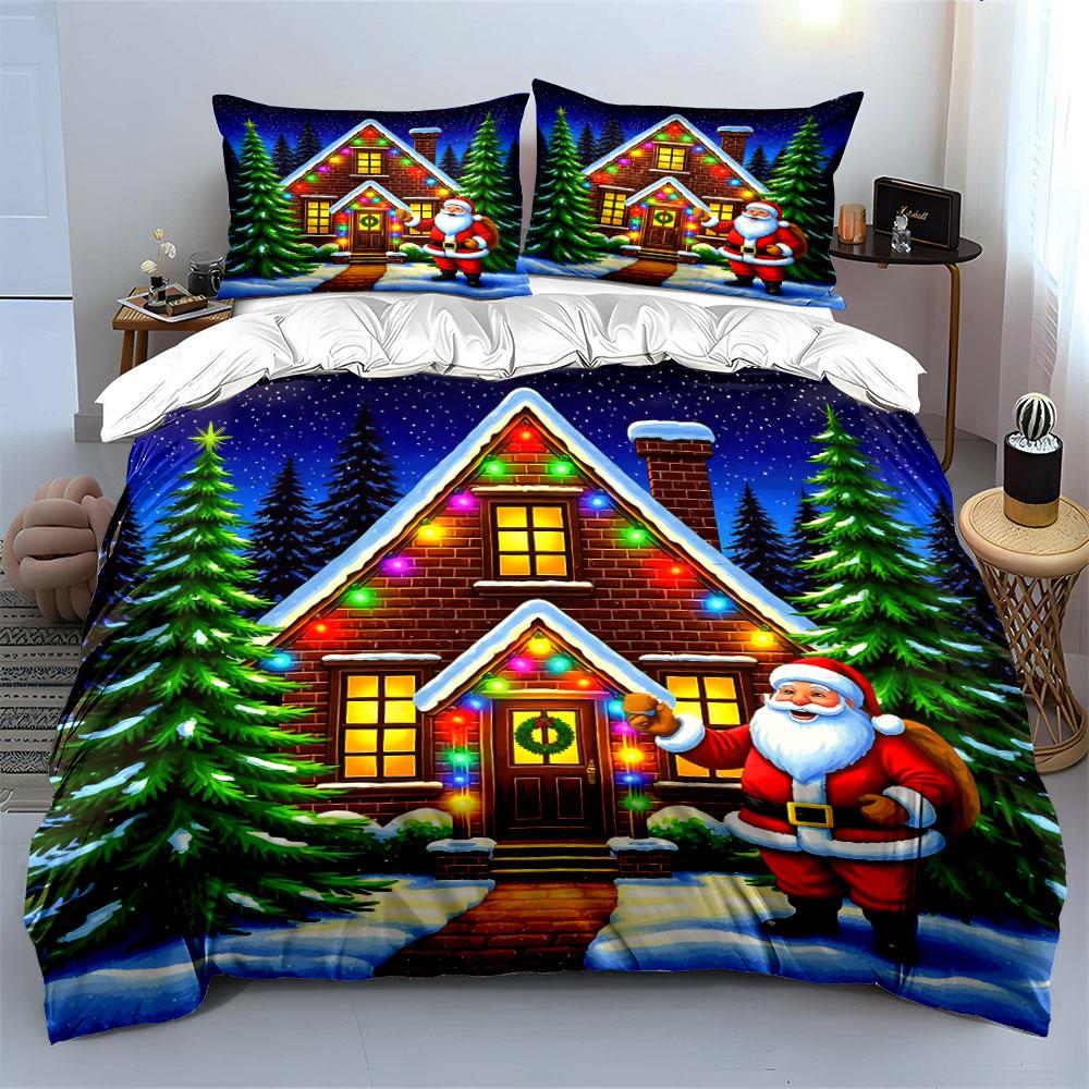 Santa and Festive Holiday House Bedding Duvet Cover Set Duvet Cover Pillowcases (1*Duvet Cover 2*Pillowcases, without duvet insert)