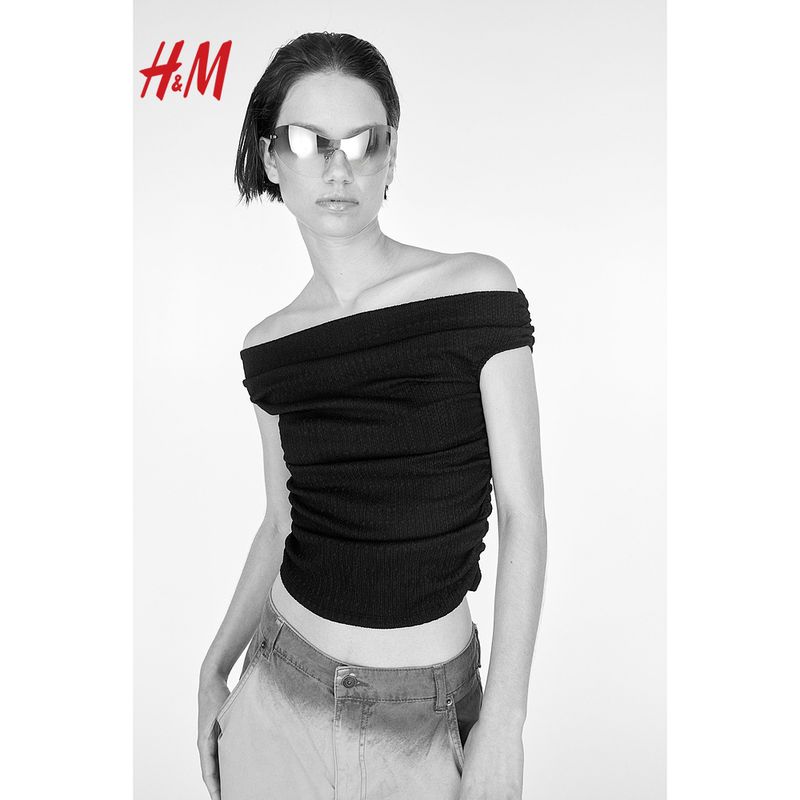 

HM Women s t-shirt Summer Fashion Comfortable Casual Wrinkle Feeling Slim fit off-the-Shoulder Sleeveless Top 1243750 Black 165/96(M)