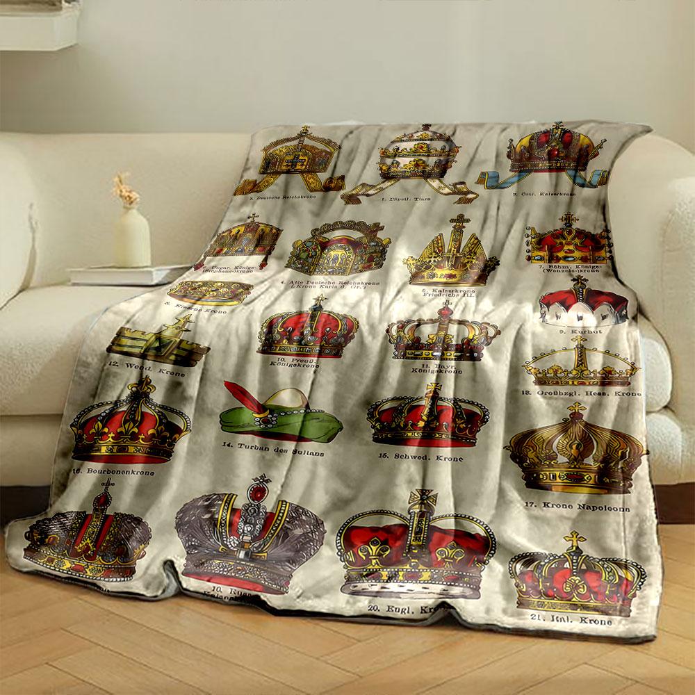 Vintage Crown Pattern Blanket Bedroom Blanket for Livingroom Couch Lunch Break Soft Throw for Friend's Festival Gift