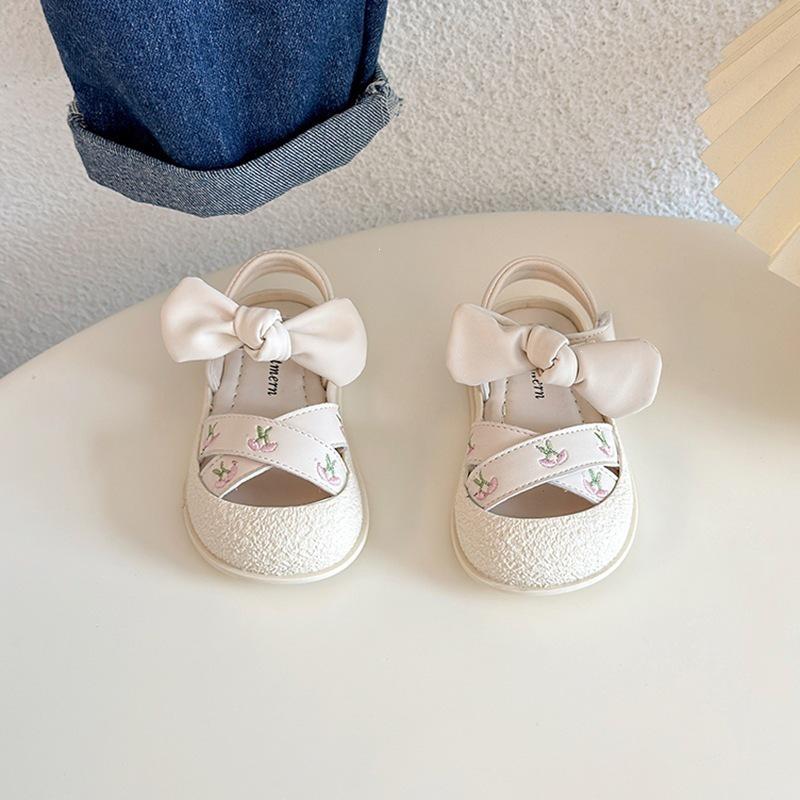 Girls Summer 2026 Korean Style Embroidered Princess Sandals - Soft Sole, Closed Toe Size 16-19, 40 pairs