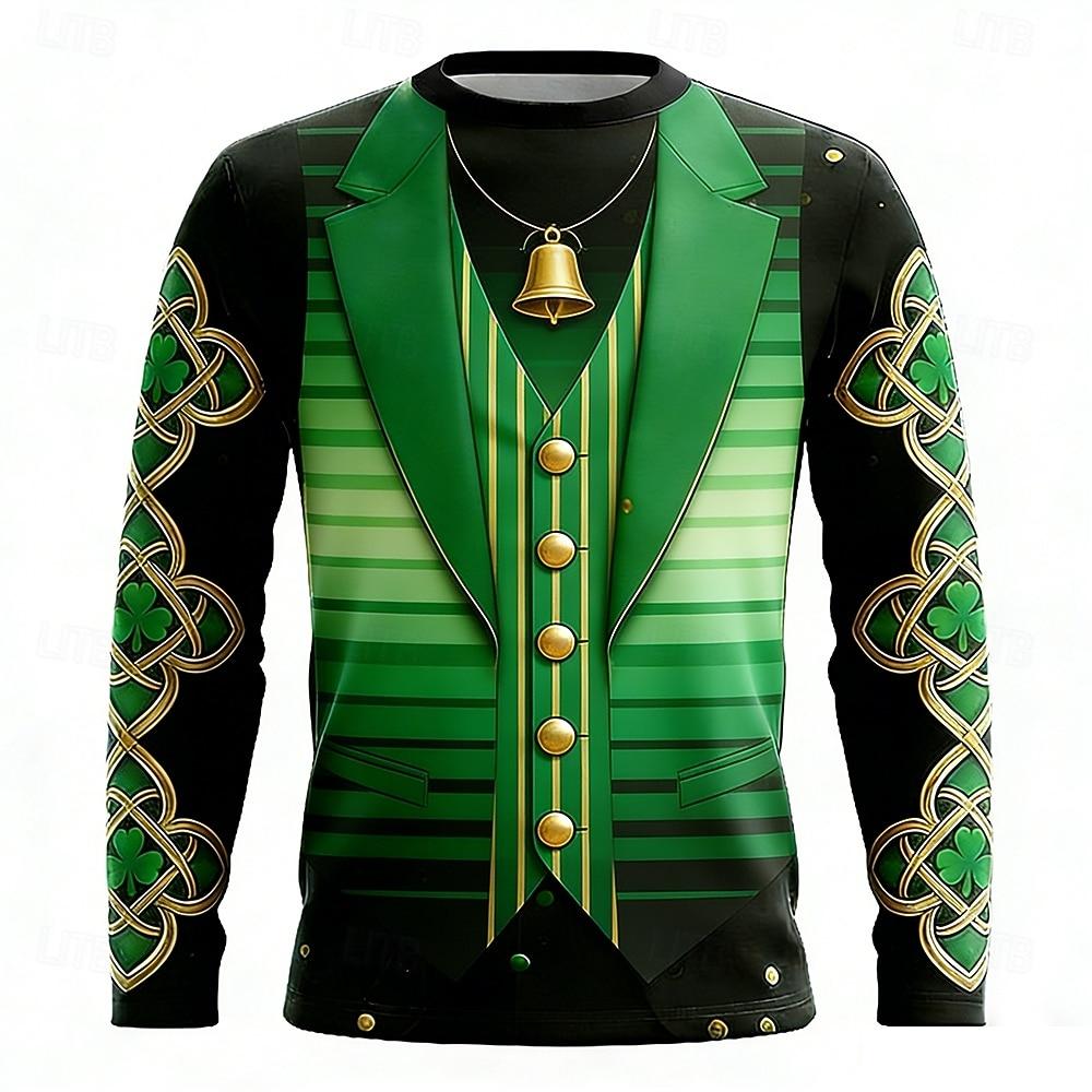 St Patricks Day Graphic T Shirts Men Long Sleeve T Shirt Gold Horseshoe Shamrock Faux Tuxedo Funny Green Tee Pullovers Clothing