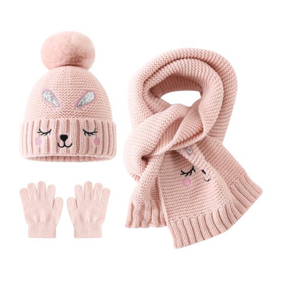 Winter Gift Set for Boys Girls Hat Gloves Scarf Kids, Warm Knitted Pompom Hat, Cute And Kids Bunny Embroidery, Cozy Ages 2 to 6
