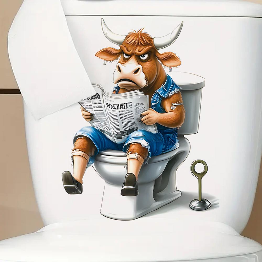3D Funny Cartoon Calf Reading Newspaper On Toilet Wall Sticker Self-Adhesive Waterproof Removable Bathroom Home Decor Art