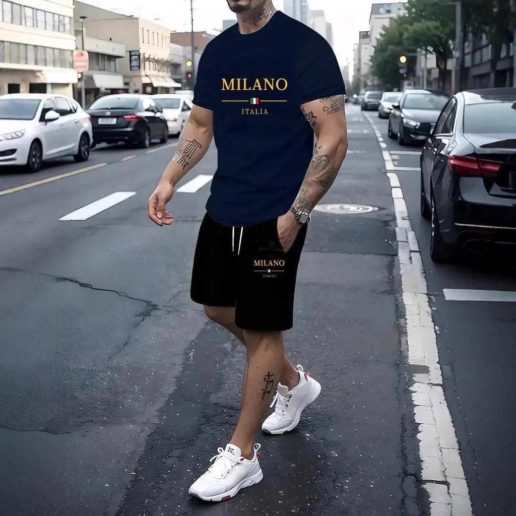 Men's Plus Size Round Neck T-shirt and Shorts Fitness Set