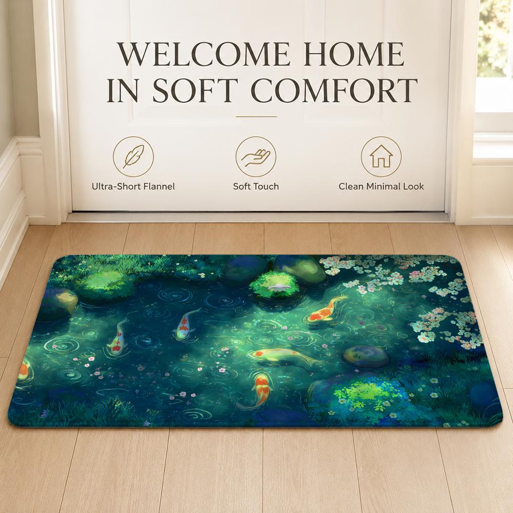 Koi Fish Anime Floor Mat Cozy Minimalist Flannel Area Rug Anti-Slip Washable Bedroom Living Room Decor