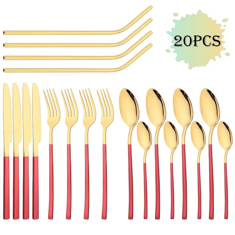 20Pcs/Set Rose Gold Cutlery Set Stainless Steel Tableware Knife Fork Spoon Straw Dinnerware Set Kitchen Flatware Silverware