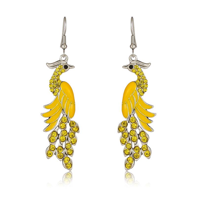 Blue Drop Oil Rhinestone Peacock Earrings for Women Ethnic Vintage Long Silver Color Geometric Animal Earrings Boho Jewelry Gift