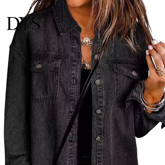 Frayed Hem Jacket Women Denim Coat with Breast Pockets Turn-down Collar Washed Single-breasted Chest Pocket Pure Color Wipped Edge Loose Cardigan Long