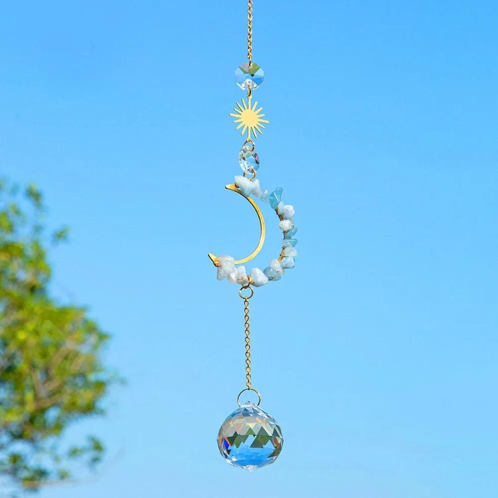New Crystal Wall Hanging Crystal Suncatcher Raw Stone Shape of the Moon Crystal Wind Chime Colourful Moon Prism Pendant Garden светло-синий