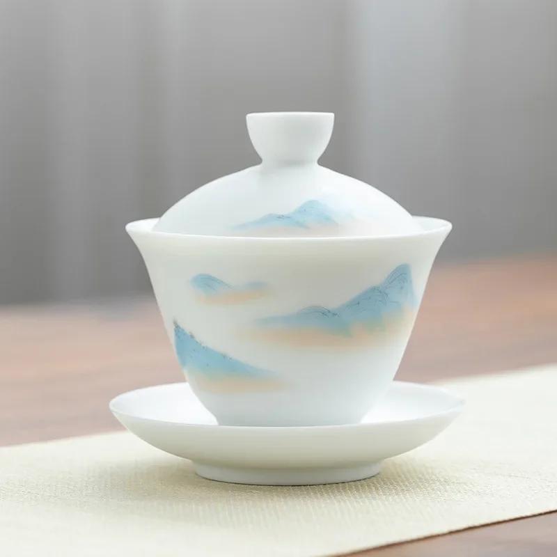 

Ceramic Whiteware Cover Bowl Kung Fu Tea Cup Tea Bowl Large Single Household Half-Handmade Tea Making Device Gaiwan