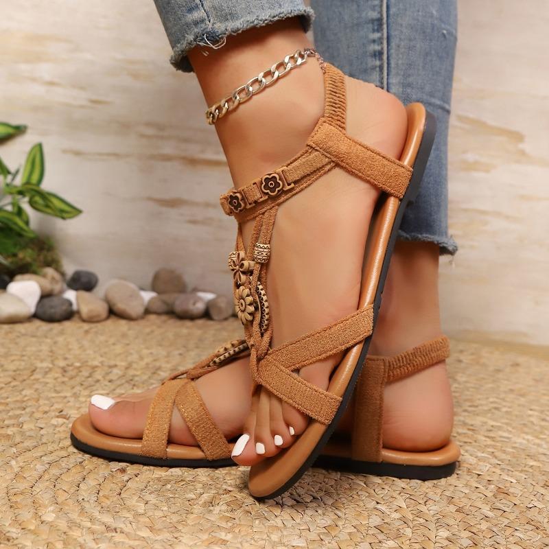 

New Bohemian beaded sandals women s summer flat bottom elastic fashion foot cover large size sandals 43 коричневый