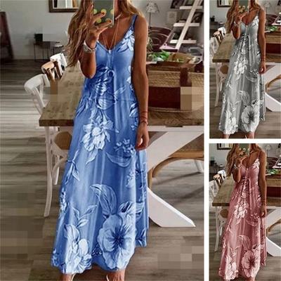 Women Dress Floral Print Large Hem Streetwear Elegant Spaghetti Strap Maxi Dress for Party