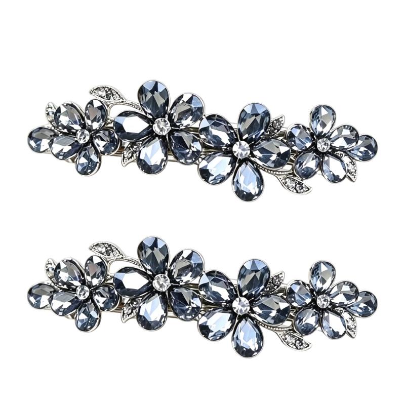 2-Piece Spring Hair Barrette Set Hairpin with Faceted Flowers and Leaf Trim for Holiday, Wedding and Stage Hairstyles