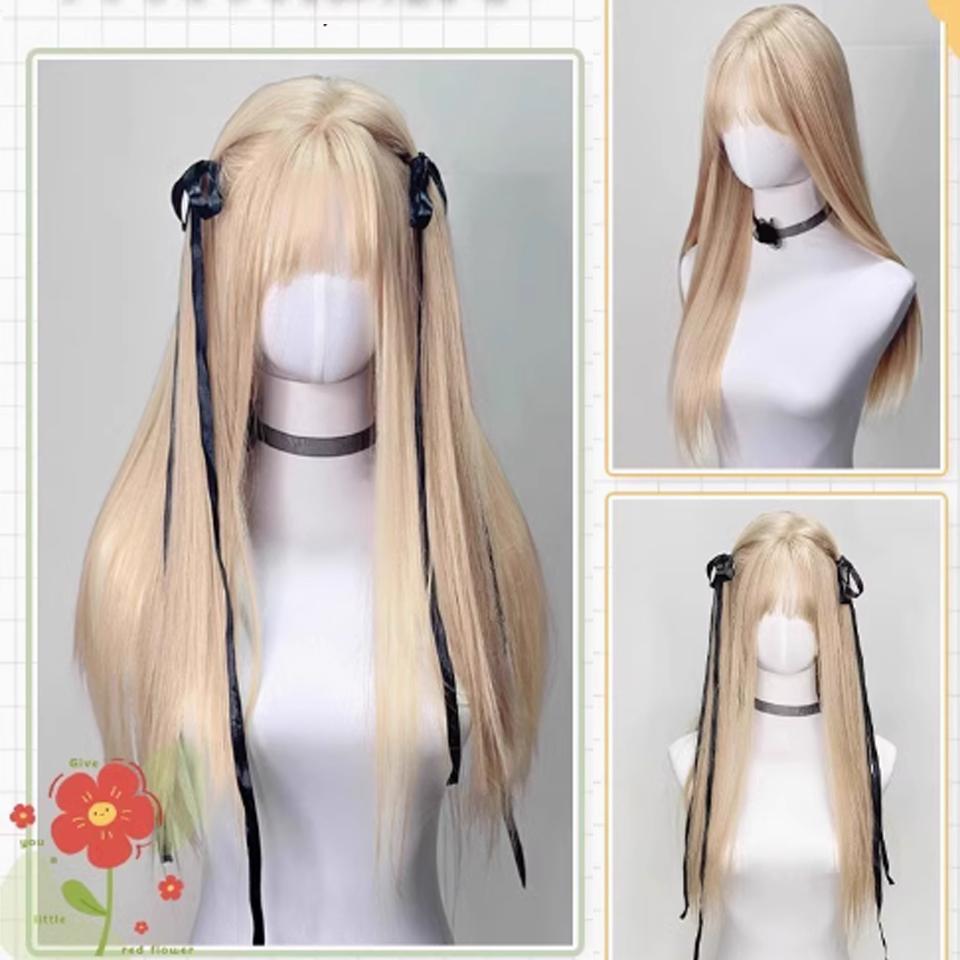 WTB Golden Long Straight Synthetic Wig Female Misa Amane Cos Straight Bangs Fluffy Smooth Long Straight Hair Wig