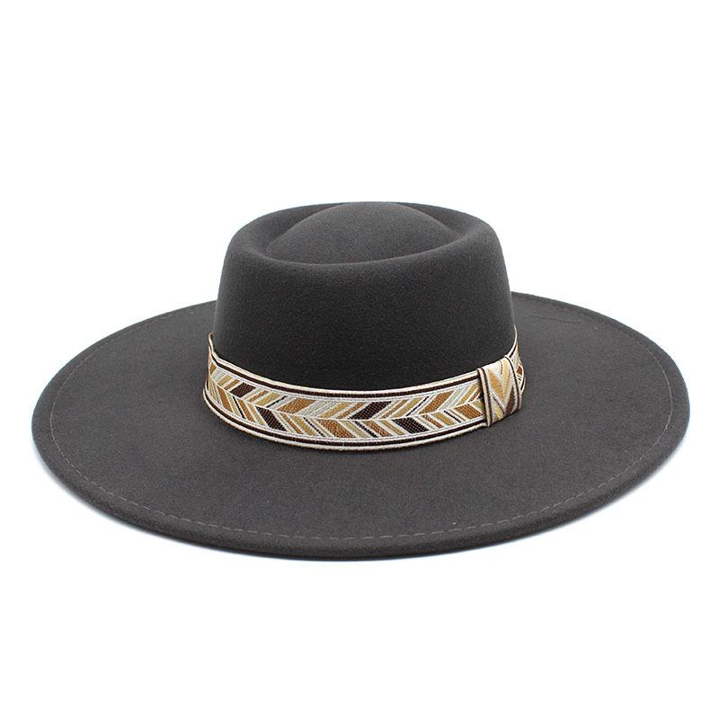 Retro Simple Solid Color Wool 9.5Cm Brim Men'S And Women'S Warm Outdoor Oval Ring Top Hat