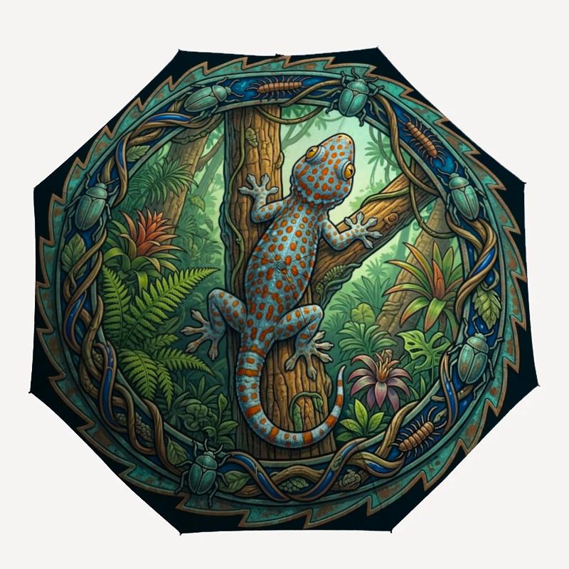 Jungle Lizard Emblem Pattern Umbrella, Portable and Foldable Design, 8 Ribs, a Casual Accessory for Halloween, Christmas, and Birthday Gifts.