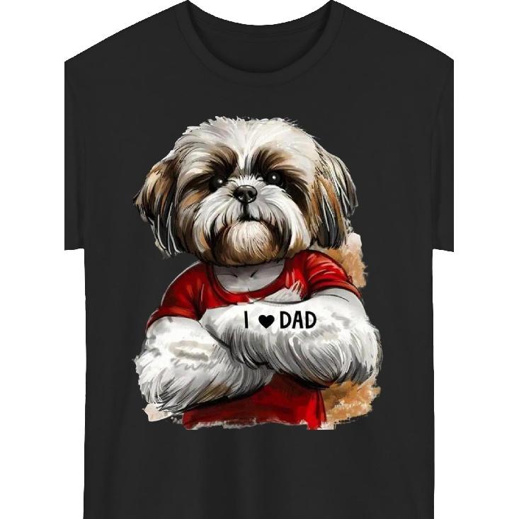 Funny Shih Tzu Dad T-Shirt Compatible for Shih Tzu Dog Lovers - I Love Dad & Fluffy Shih Tzu Graphic, Loose Fit Round Neck Tee for Men & Women, S чёрный