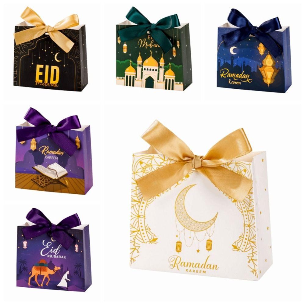 10Pcs Multicolor Eid and Ramadan Gift Boxes Star/Moon Satin Ribbon Bow Ramadan Gift Box Portable Reusable Eid Gift Box