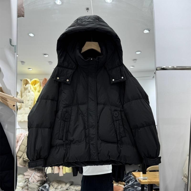 Fashion white hooded round buckle down jacket women's short winter new loose warm white duck down jacket