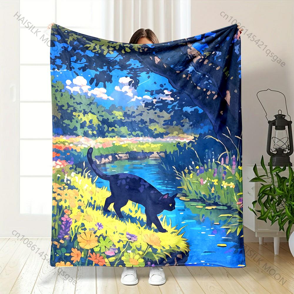 Black cat explores streamside wildflowers Print Blanket Warm Soft Fluffy Kids and Adult Sofa Bed Throw Outdoor Travel Camping 75X95CM