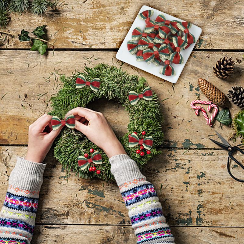 30Pcs Christmas Mini Bow Knot Xmas Tree Ornaments DIY Wreath Craft Girls Hair Accessories 2025 New Year Gift Wrapping Decoration