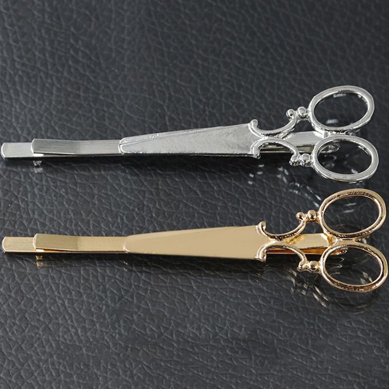 1x copricapo per capelli con fermaglio per capelli a forma di forbici dorate e argentate alla moda da donna