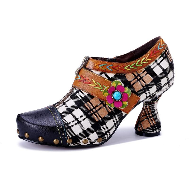 

Autumn and winter women s leather hand-polished retro plaid printing splicing comfortable high heels 36 коричневый