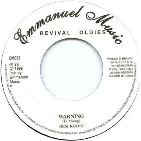 

7inch Record DESI ROOTS - Warning EM23 Emmanuel Music 1999 UK Reggae, Ska & Dub Used