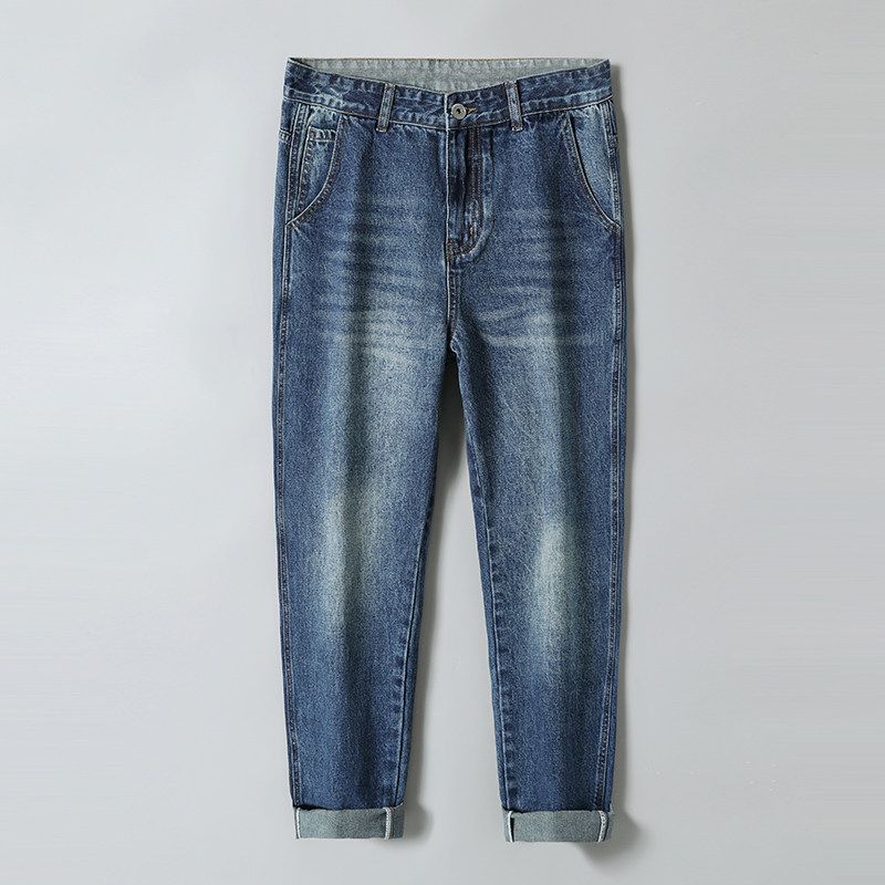 Men s Straight-Leg Jeans with a Cool, Edgy Style, New Summer Model, Washed and Vintage-Inspired, Loose-Fitting Casual Cropped Pants Blue 36