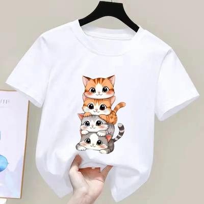 Süßes Katzenmuster Kinder-T-Shirt, Sommer Kurzarm Cartoon Tier Kleidung für Jungen und Mädchen
