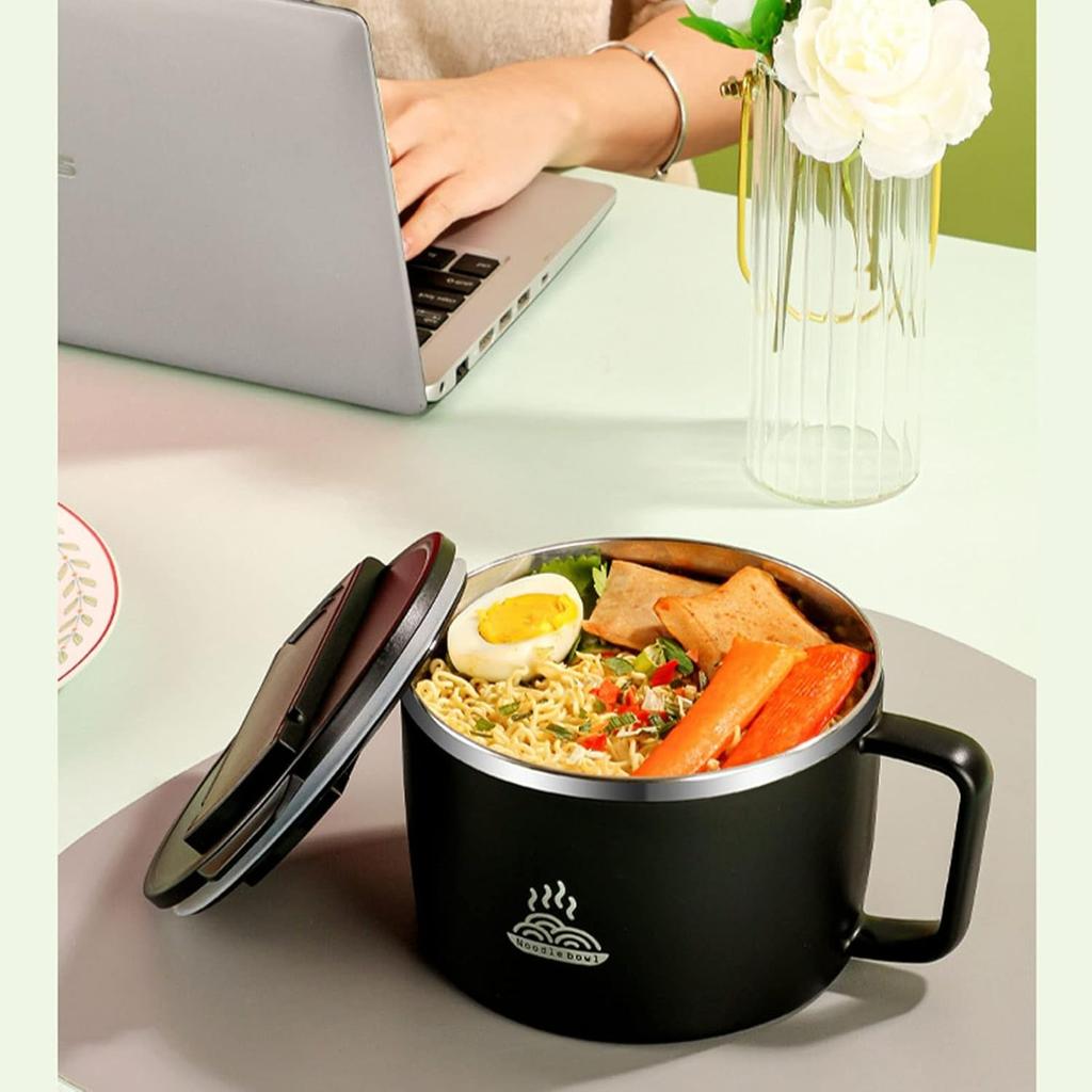 304 Stainless Steel Noodle Bowl Set,Microwave Safe,Ramen Bowl with Chopsticks and Spork,Portable Soup Bowl,Ramen Cooker Bowl with Lid for Office Home