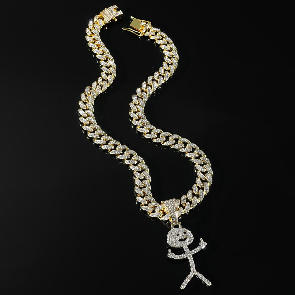 Creative Full Diamond Cartoon Character Pendant Cuban Chain, Eu and American Hip-hop Style Necklace, Trendy Male Personality Funny Collarbone Chain