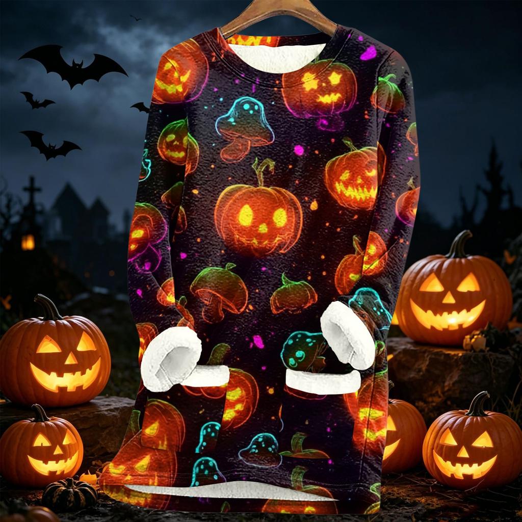Long Sleeve Fleece Lined Pullover Sweatshirt with Halloween Print Thickened Sherpa Lining Warm Casual Loose Fit Top for Women Autumn Winter