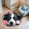Runder Teppich mit Muster von Border Collie und frischen Blumen, Teppich für Wohnzimmer, Schlafzimmer, Spielzimmer, rutschfeste Fußmatte, Feiertagsgeschenke und Geburtstagsgeschenke.