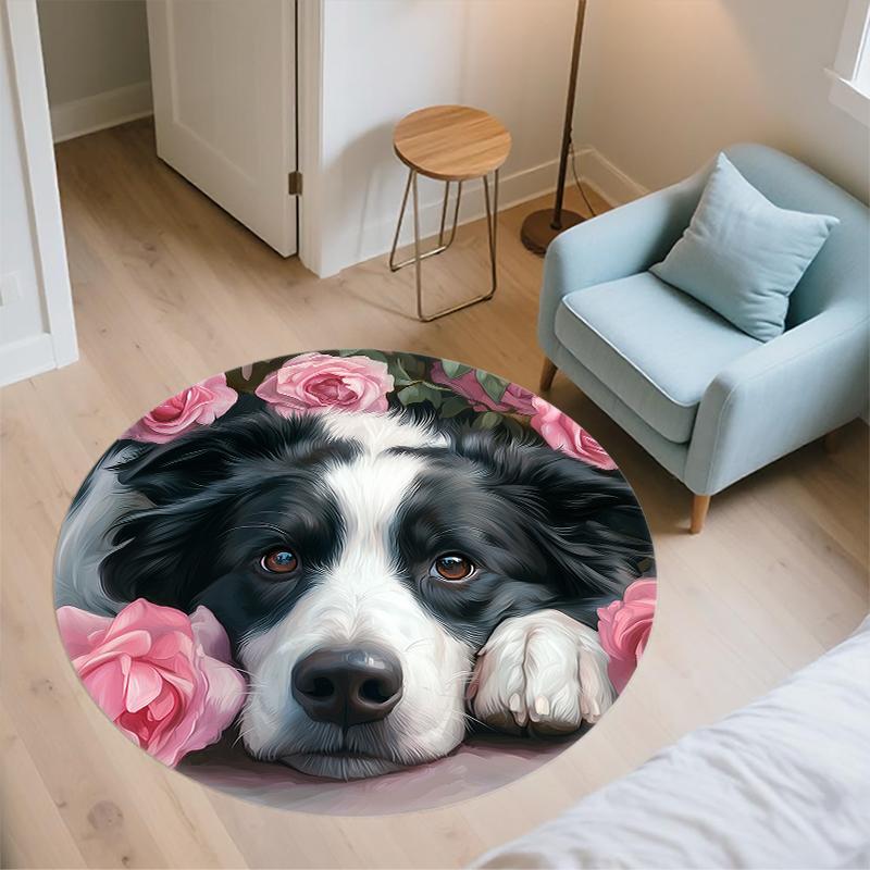 Runder Teppich mit Muster von Border Collie und frischen Blumen, Teppich für Wohnzimmer, Schlafzimmer, Spielzimmer, rutschfeste Fußmatte, Feiertagsgeschenke und Geburtstagsgeschenke.