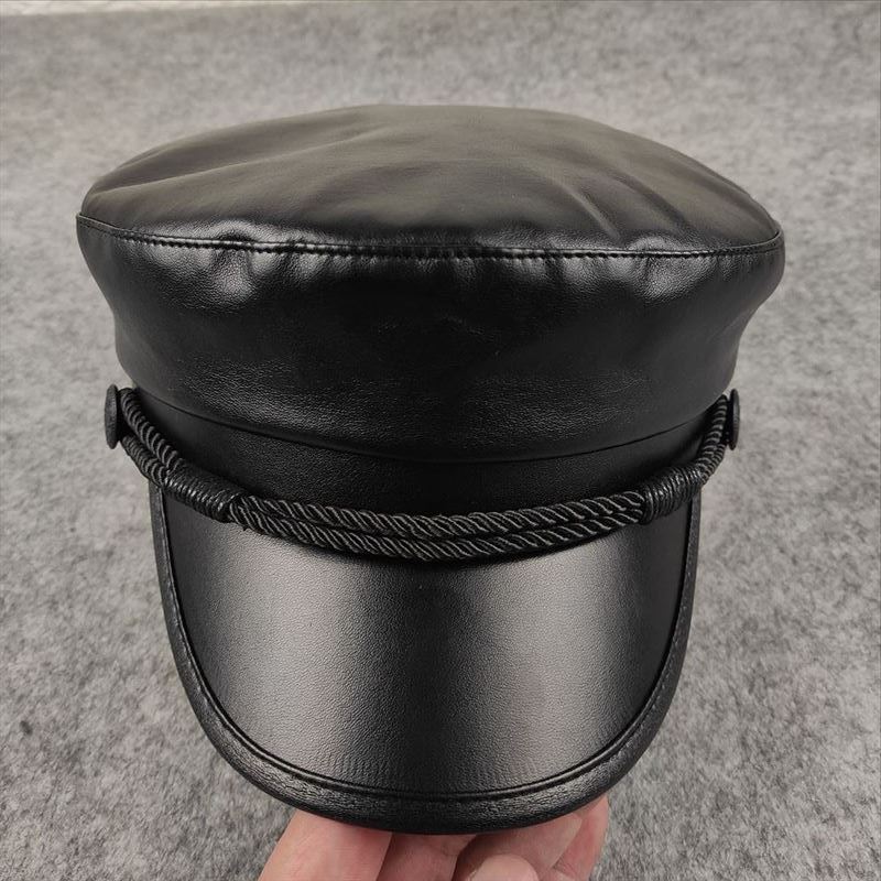 New PU leather navy hat leather flat top hat casual fashion sealing military hat big head circumference men's hat women's hat batch