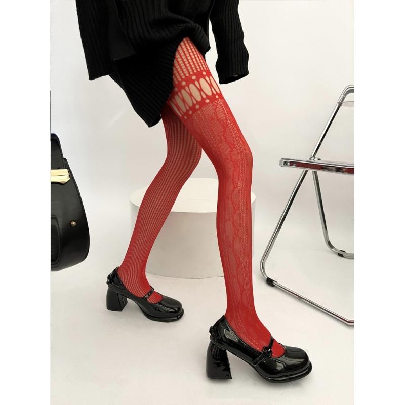 Women Aesthetic Sexy Hollowed Fishnet Lace Pantyhose Asymmetrical Spliced Striped Patterned See Through Tights Stockings
