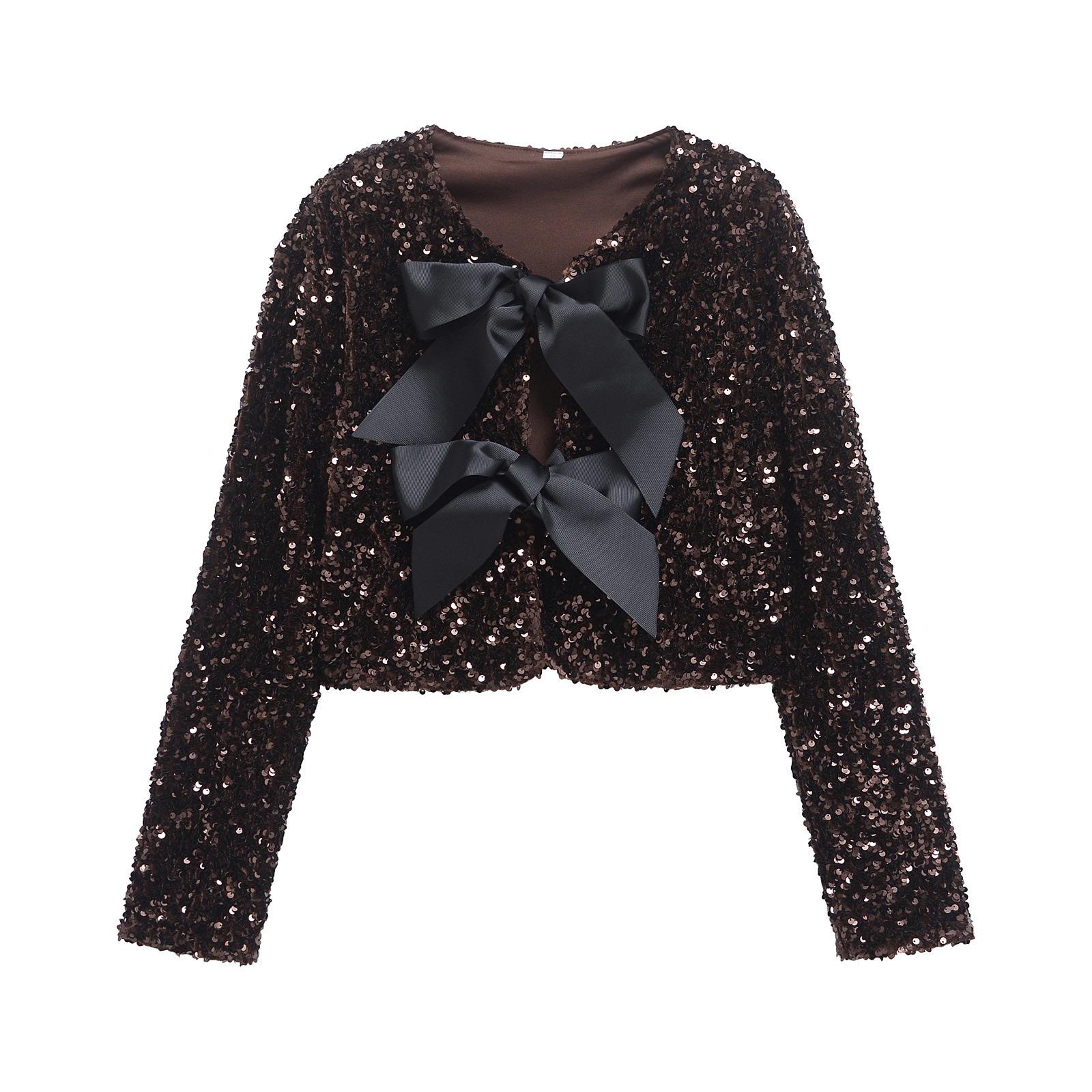 

European American Women s Sequin Bow Jacket - Trendy INS Design M каштановий
