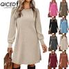 Women's Fashion Autumn Winter Solid Color Print Long Sleeve O-Neck Casual Dresses