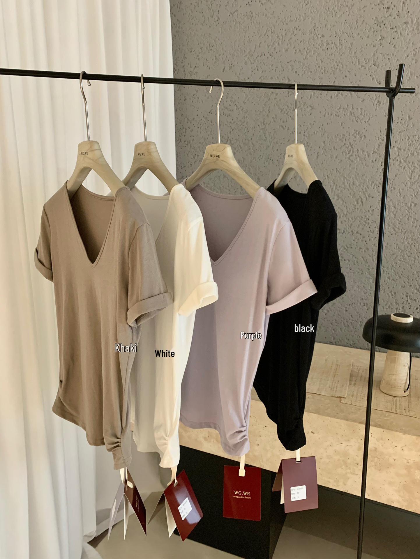 

WGWE8868 Women s Solid V-Neck Short Sleeve T-Shirt - Spring/Summer Basic Trendy Top Small хаки